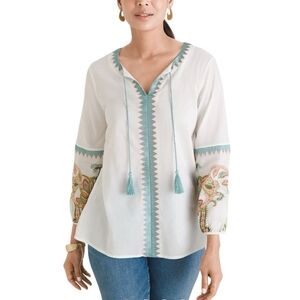 Chico's White and Teal Embroidered Peasant Blouse 100% Cotton!